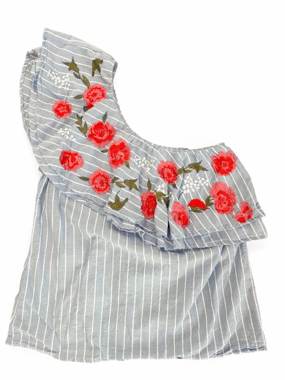 Francesca's Embroidered Floral One shoulder Ruffle Feminine Top XS 100% Cotton